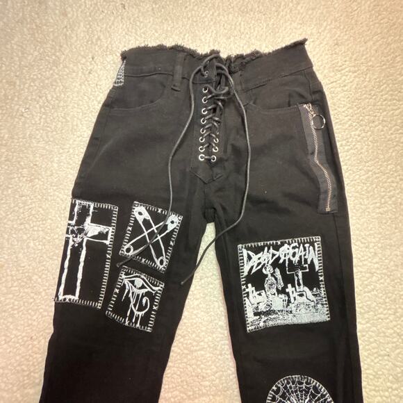 Current Mood x Dolls KIlls Jeans Womens Small Black Stitch Lace Up Patch - Picture 3 of 7